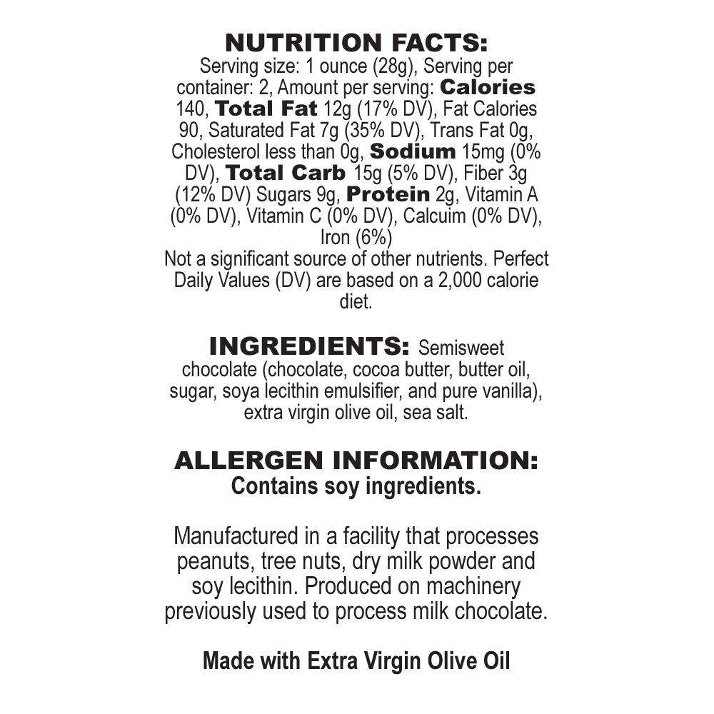 Nutrition Facts Olive Oil Dark Chocolate Bar